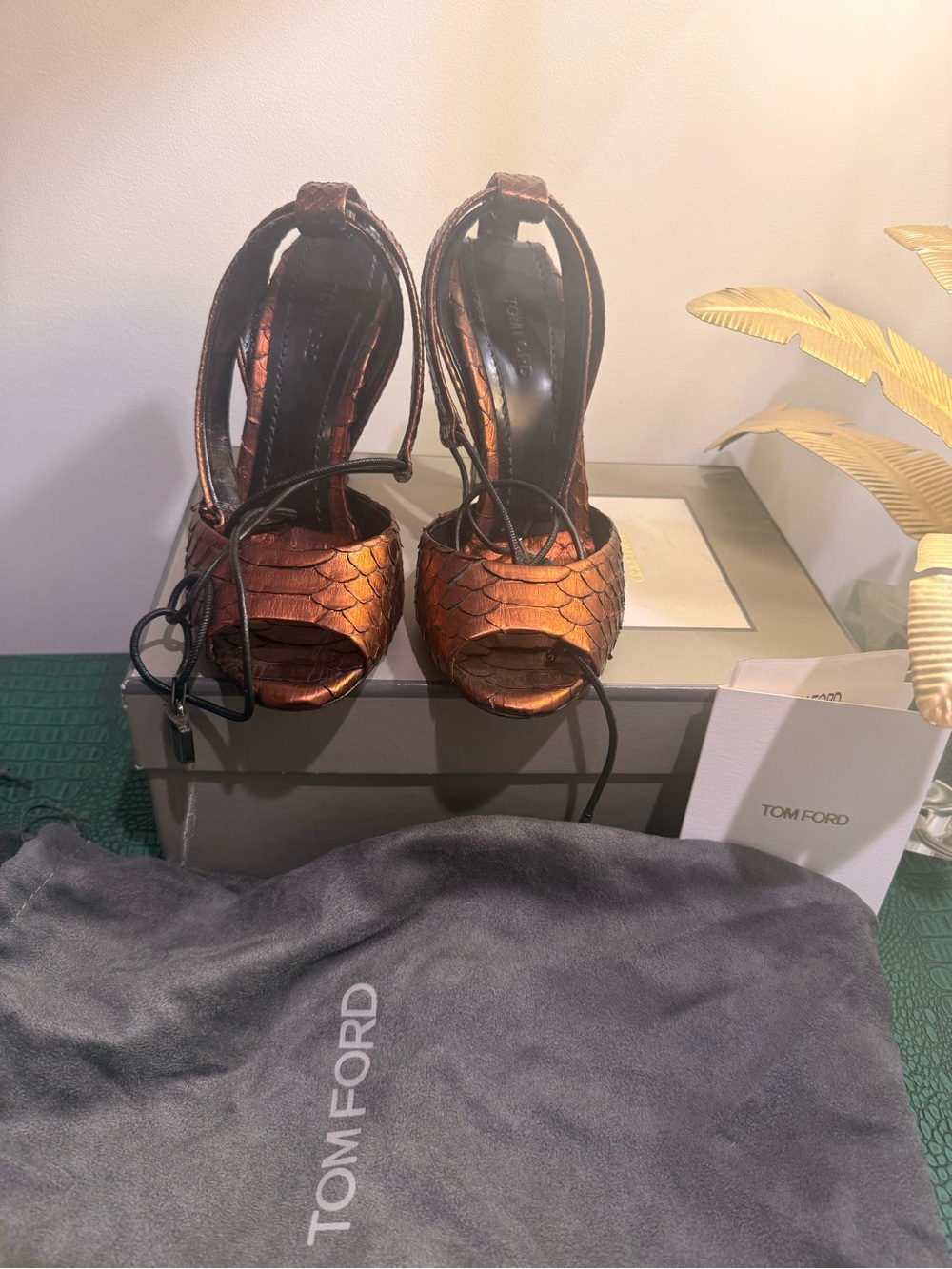 Tom Ford Copper Metallic Lace-Up Peep-Toe Heels